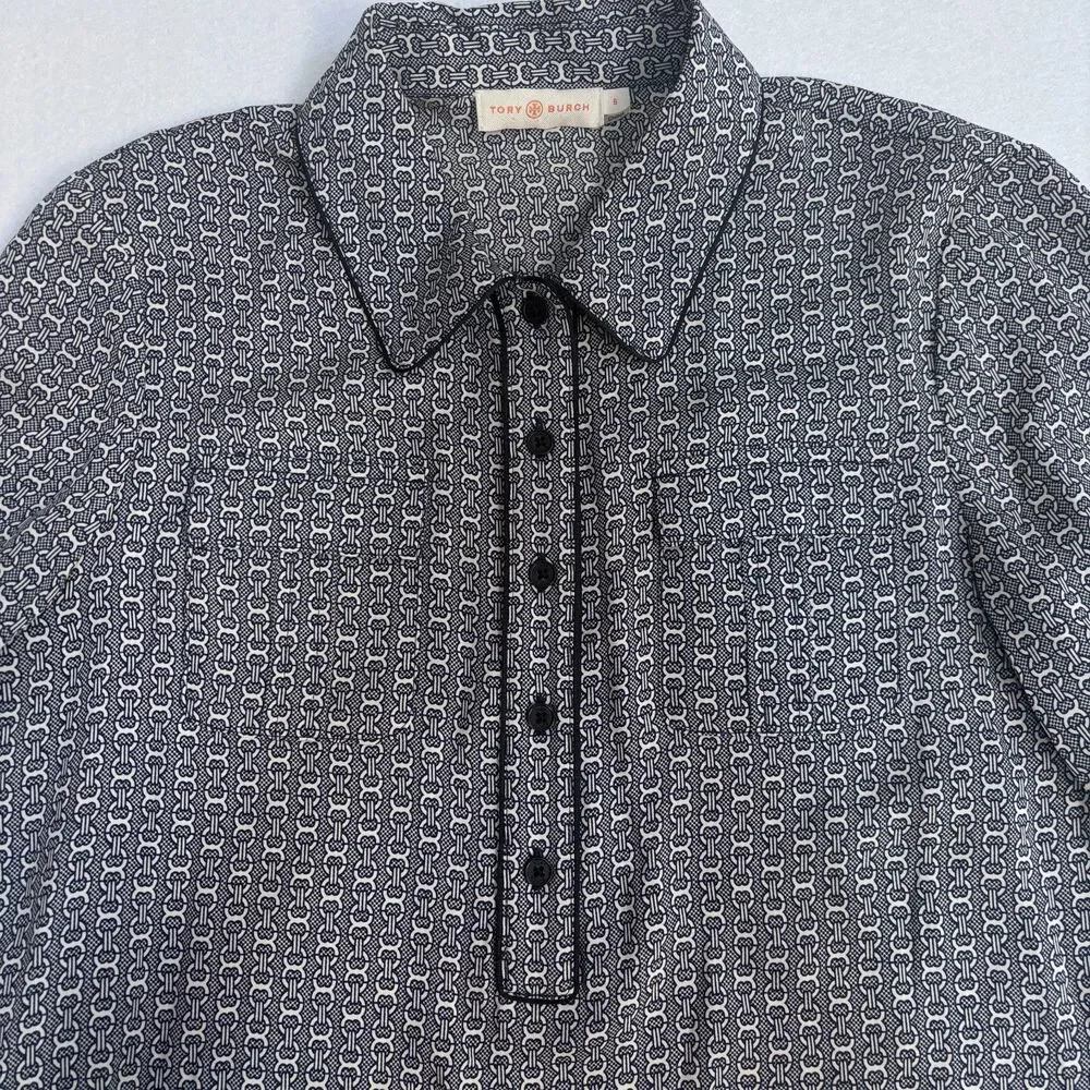 TORY BURCH Christelle 100% Silk Dress Womens 6 Navy Blue Chain Print Long Sleeve